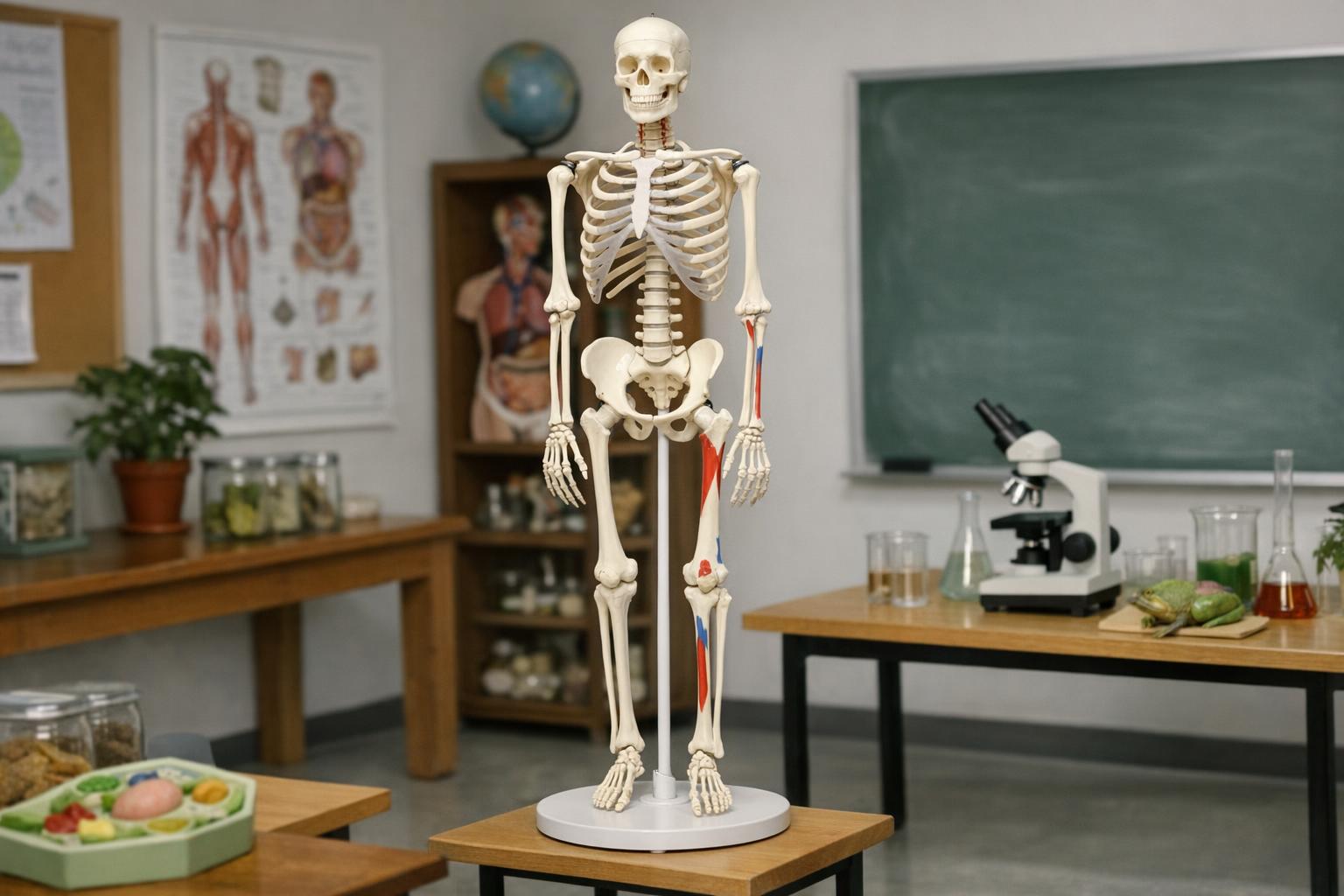 Zdjęcie edukacyjnego modelu szkieletu stojącego w pracowni biologicznej