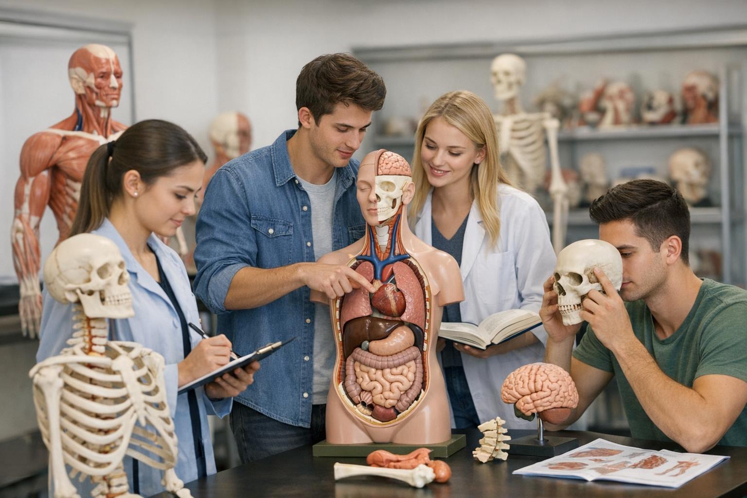 studenty pracujacy przy modelach anatomicznych w pracowni