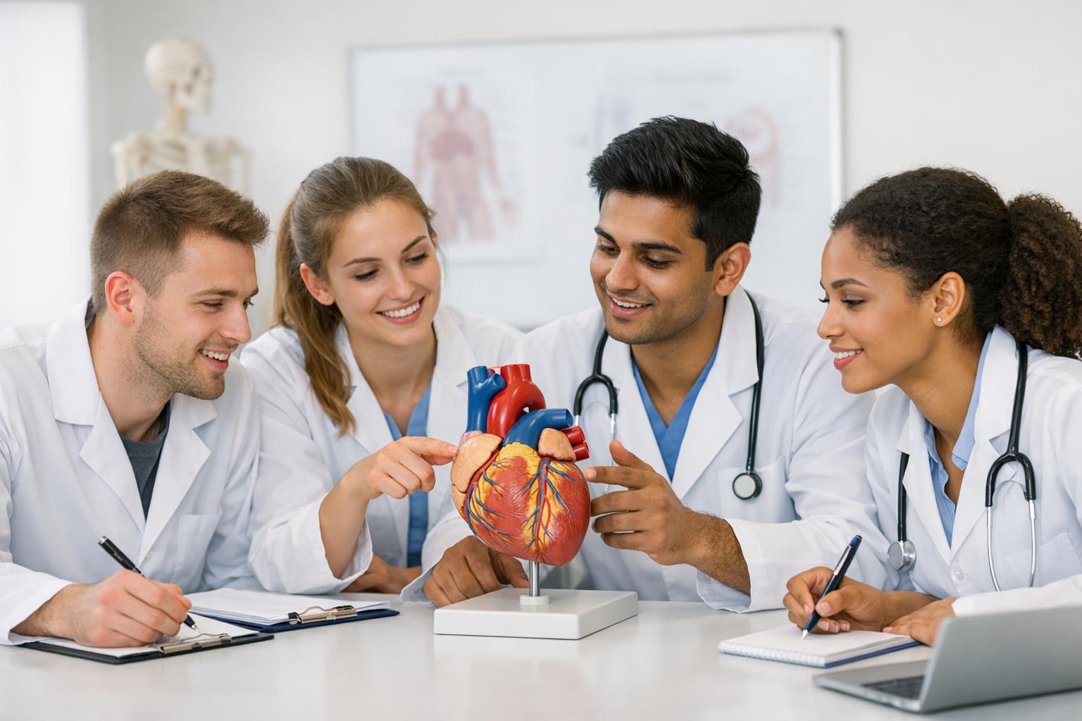 Studenci medycyny pracujący z modelem anatomicznym serca podczas zajęć